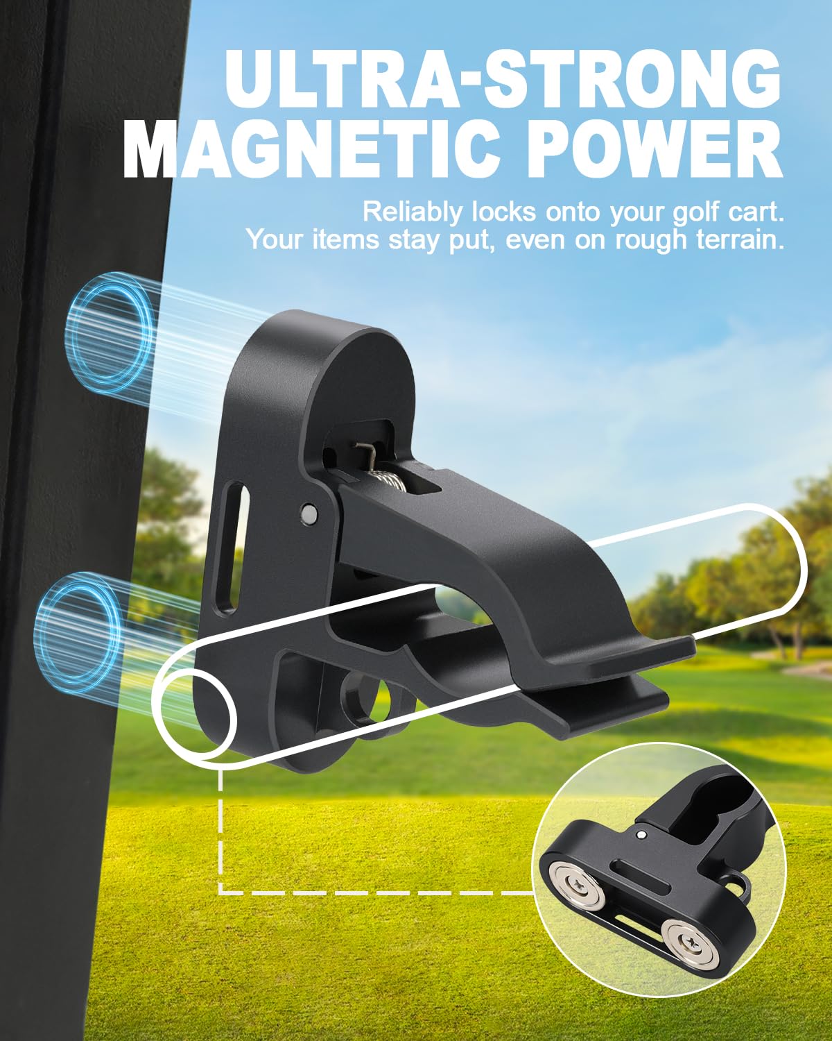 SKYJDM Magnetic Golf Cart Holder Clip with Loop Hook, Aluminum Alloy Golf Holder for Secure 30-70 Rings Storage & Golf Towels Hanging, Non-Slip Elastic Band & Storage Bag Included (Black)