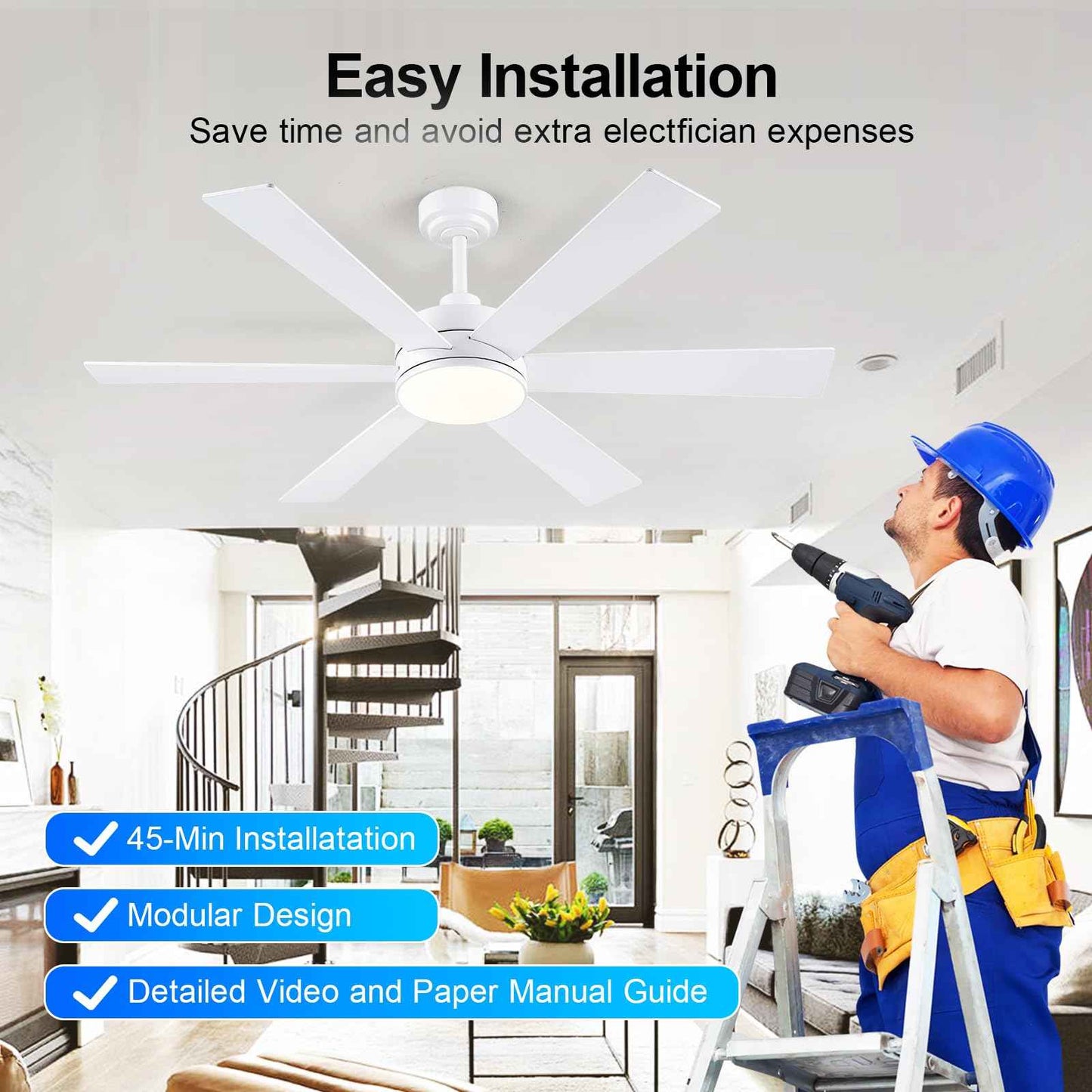 BayDay Farmhouse Rustic Ceiling Fans with Lights and Remote, Bedroom Living Room Kitchen Fans Ceiling with Light Chandier (White, 52 inch)