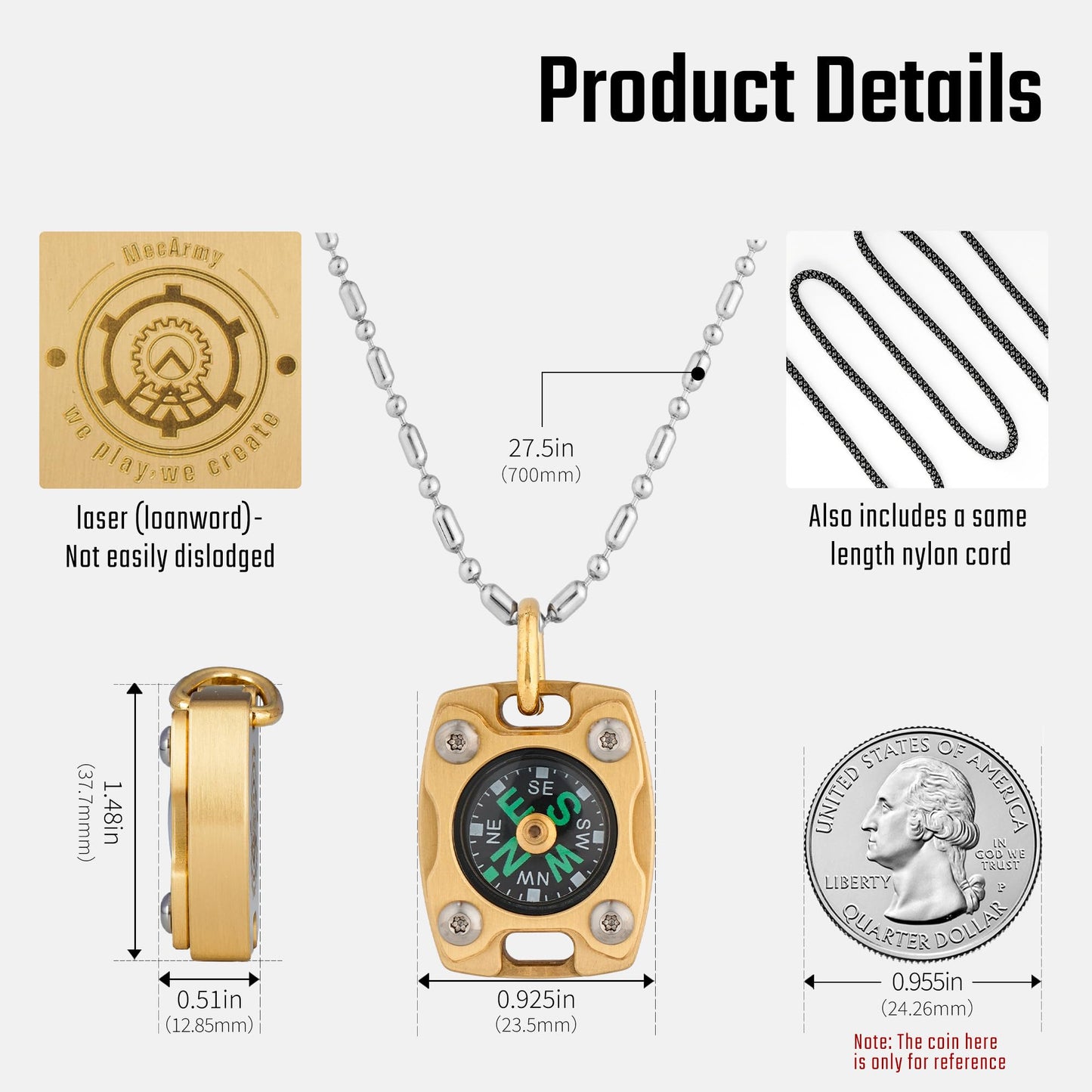 MecArmy Mini Titanium/Brass Compass, Waterproof IPX5 Pocket Compass for Hiking & Survival, Keychain & Necklace Gifts for Men & Women, Ideal Graduation & Outdoor Adventure Present