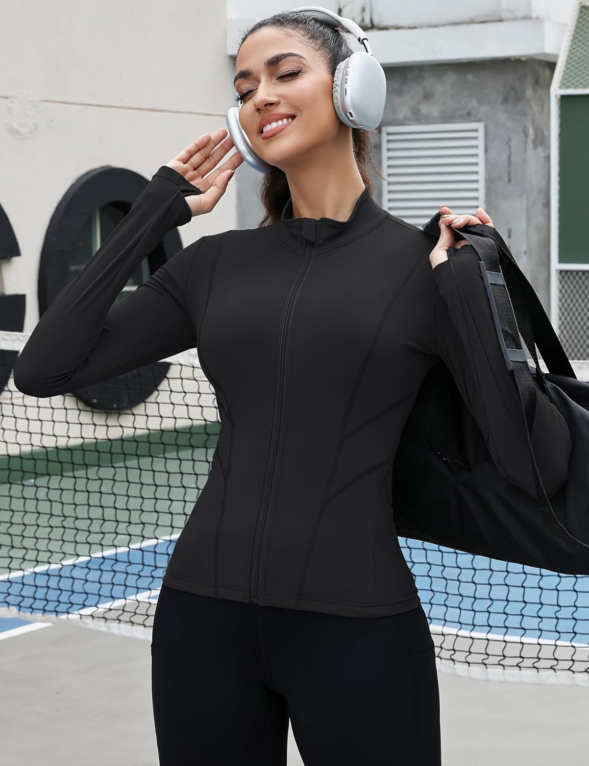 Rapbin Women's Slim Fit Workout Jacket - Full Zip Long Sleeve Athletic Top with Thumb Holes