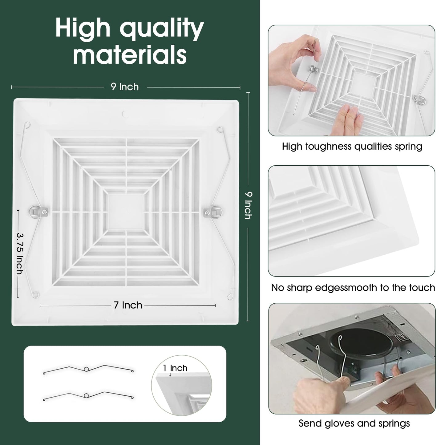 White 1 Piece (9 “x 9 ”Inch) Bathroom Exhaust Fan Cover with Spring, Square Ceiling or Wall Mounted Exhaust Fan, Ceiling Fan, Grille, Air Diffuser, Diverter Ventilation Hood, Replacement Accessories