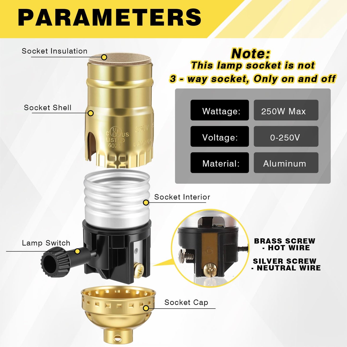 Saysurey 4 Pcs UL Listed Lamp Socket Replacement 1 Way ON/Off Light Settings E26 Threaded Base Turn Switch Knob Light Socket Lamp Parts for Repair Table Floor Lamps DIY Project, Gold