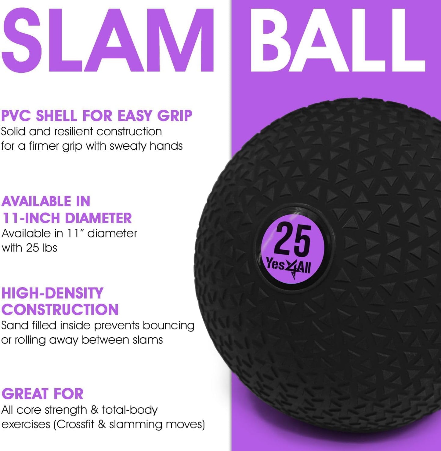 Yes4All Slam Balls - Durable 25lb Weighted Ball for Strength Training | Black PVC Sand-Filled Design
