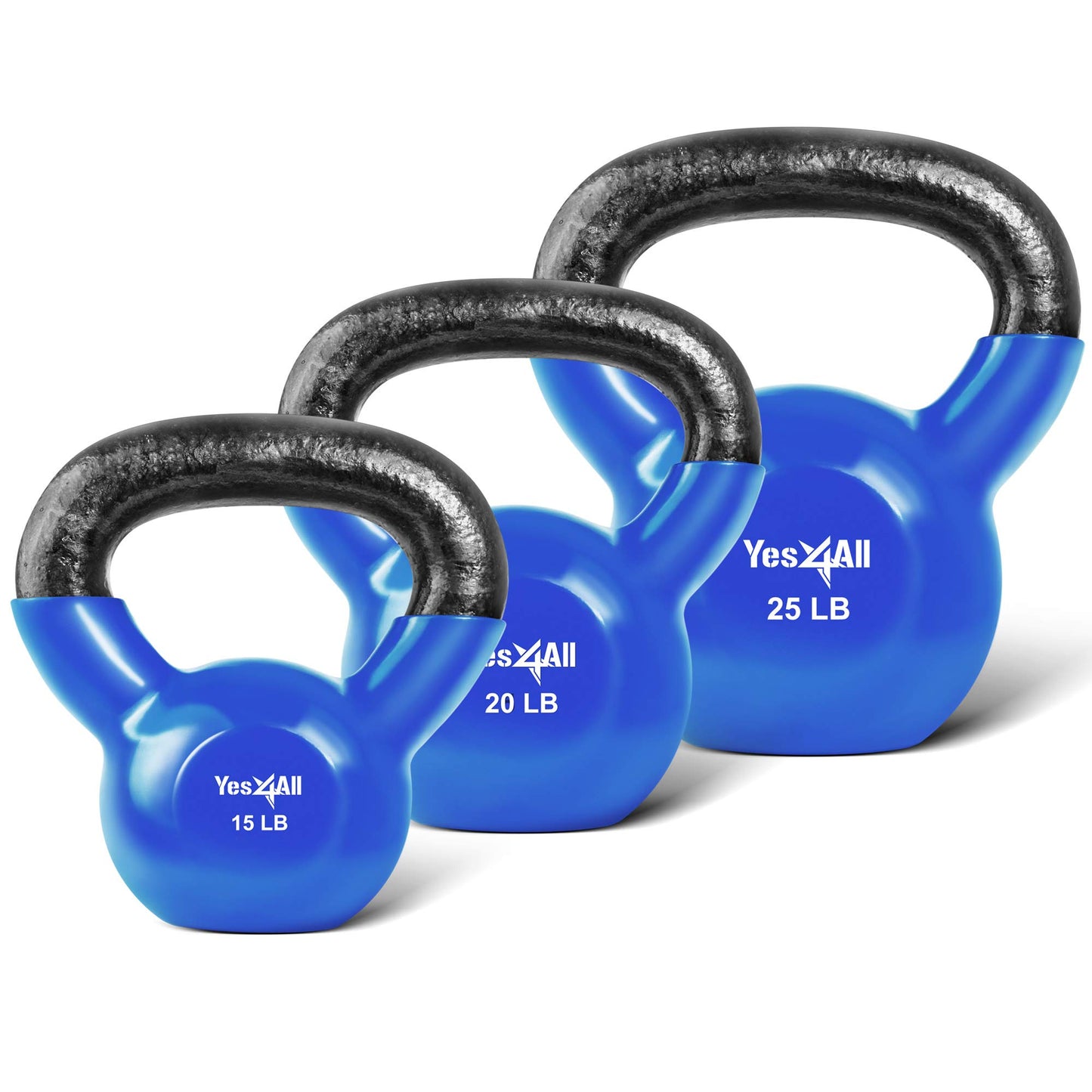 Yes4All Kettlebells 15 20 25 lbs Set Weight Vinyl Coated Cast Iron for Dumbbell Weights Exercises, Gym, Fitness, Full Body Workout Equipment Push up, Grip and Strength Training, Blue