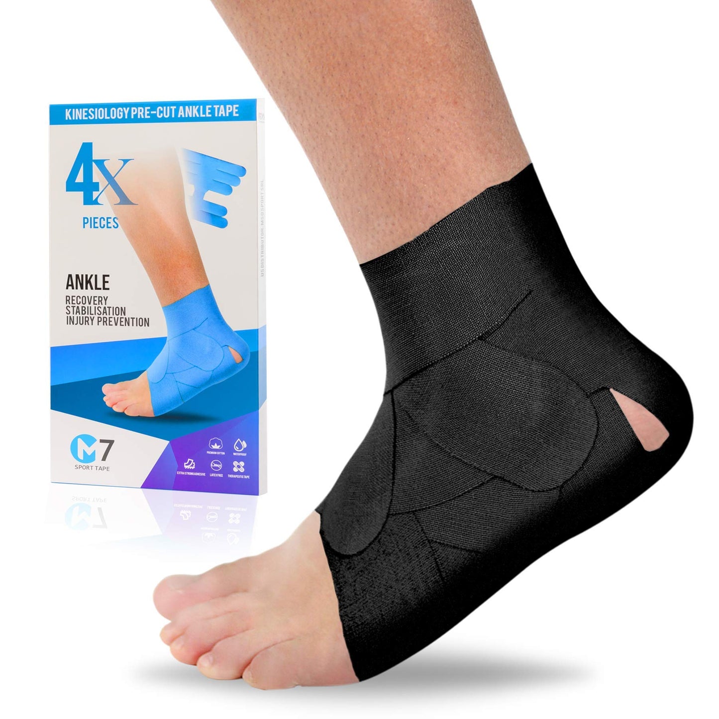 M7 Sport Kinesiology Tape for Ankle Sprain and Stability, Kt Tape for Ankle, Pain Relief Therapeutic Tape, Plantar Fasciitis, Waterproof, Eases Swelling (Black, 4-Pack)