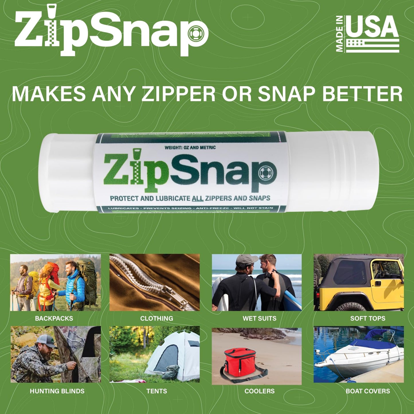 ZipSnap Zipper and Snap Wax Lube for Hunting Blinds, Ice Fishing Shanties, Outdoor Clothing, Backpacks