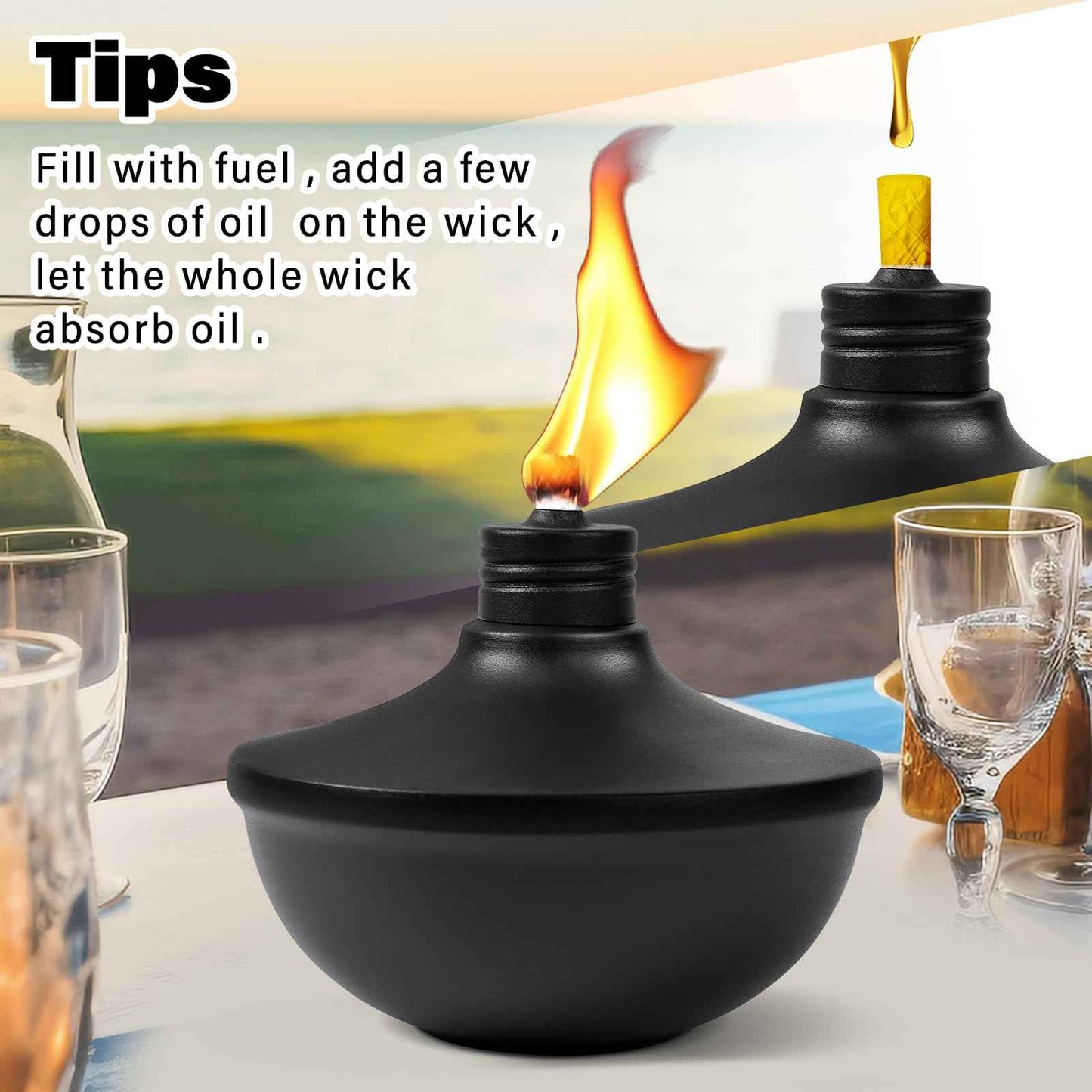 FAN-Torches 2-Pack Upgraded Tabletop Torches, 24 oz Citronella Torch Lights, Refillable Torch with Wicks, Covers, and Funnel Included - Ideal for Garden, Patio, Deck, Yard, Party, Landscape