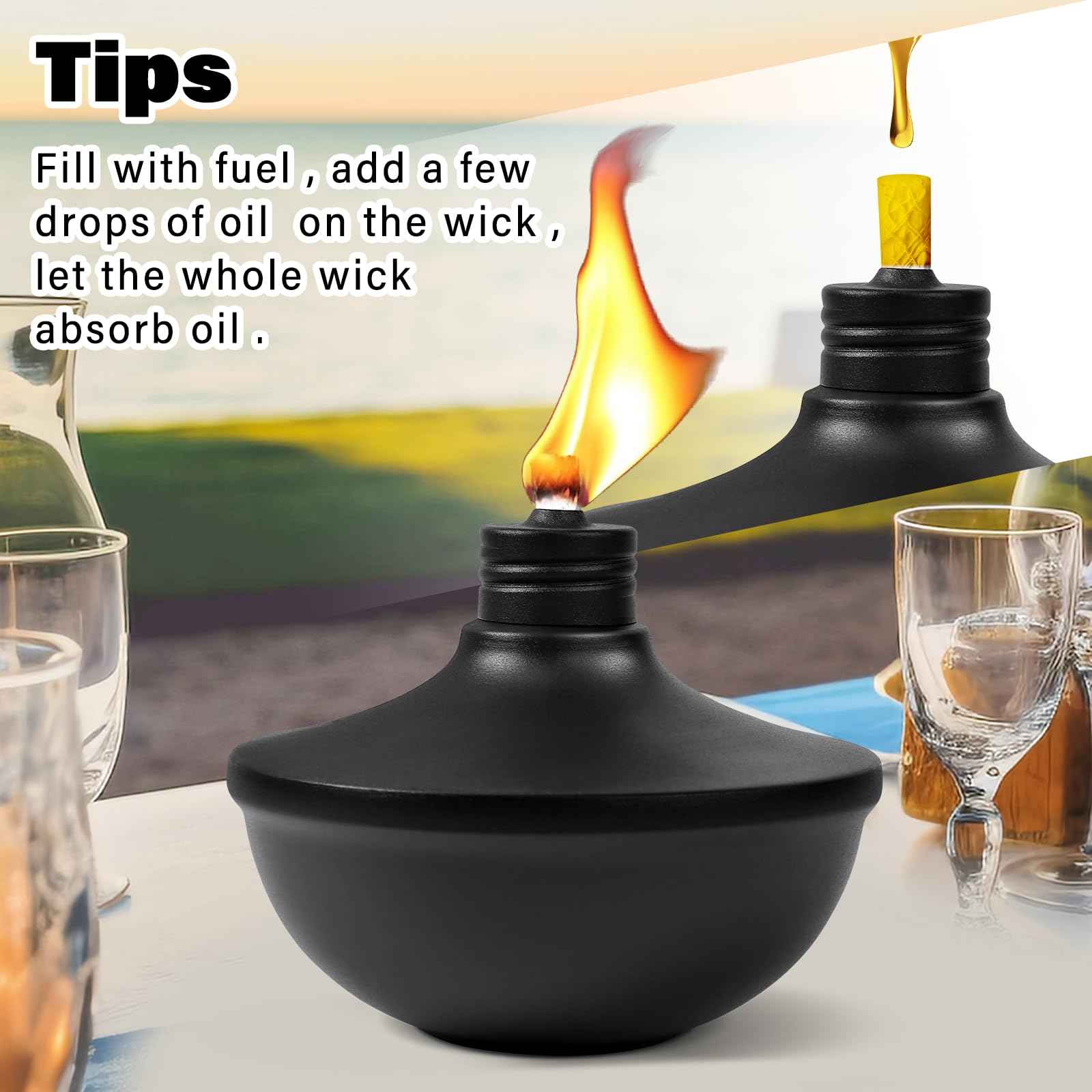 FAN-Torches 2-Pack Upgraded Tabletop Torches, 24 oz Citronella Torch Lights, Refillable Torch with Wicks, Covers, and Funnel Included - Ideal for Garden, Patio, Deck, Yard, Party, Landscape