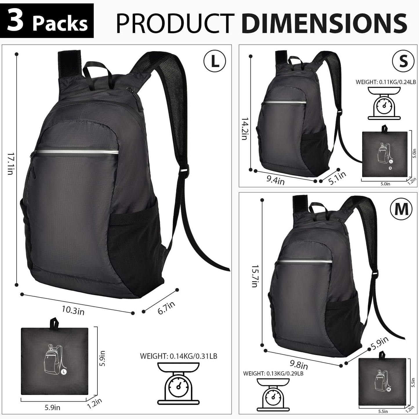 SAIKA 3-Pack Ultra Lightweight Packable Backpack, Water-Resistant Foldable Daypack for Hiking, Travel, Camping, Outdoor, 3 Sizes (S/M/L) with Hat for Men Women Families