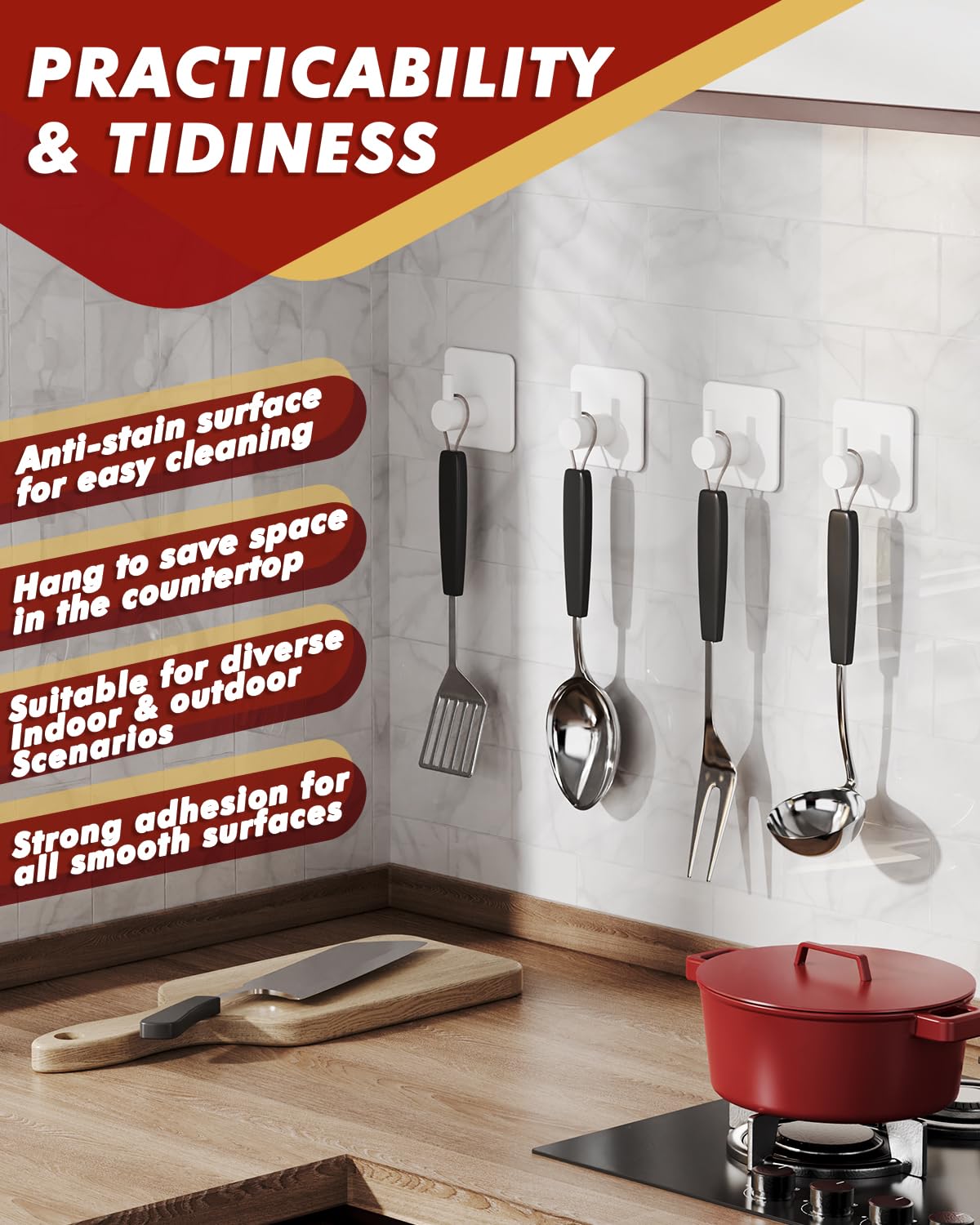 Adhesive Hooks Heavy Duty 30lb(Max) Wall Hooks, 5 Pack Self Adhesive Damage Free Towel Rack, Stainless Steel for Coat Robe, Waterproof Oilproof Rustproof for Bathroom Shower Kitchen Office