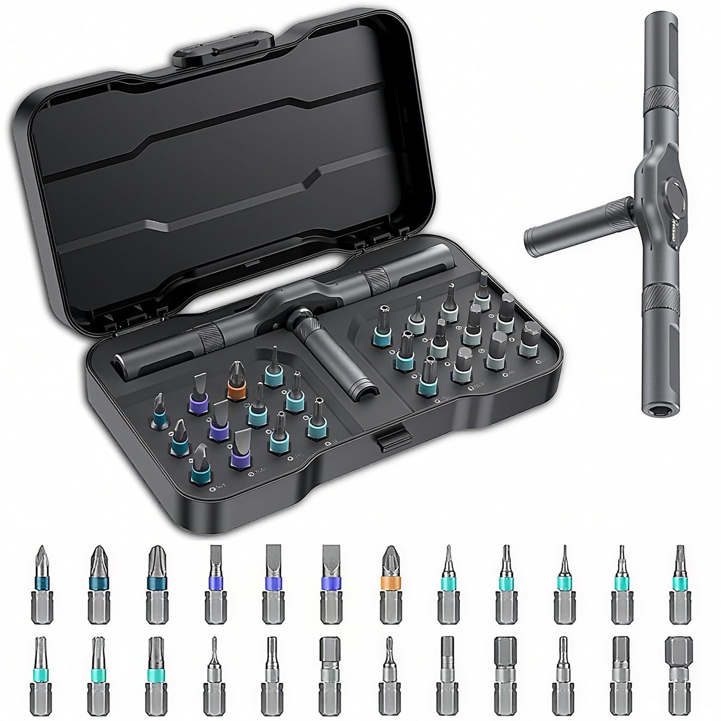 24 in 1 Magnetic Ratchet Screwdriver Set, Multi Bit DIY Magnetic Screwdriver Set with Detachable Ratchet Handle, Portable Precision Repair Tool Kit for Furniture, Electronics, Bicycle