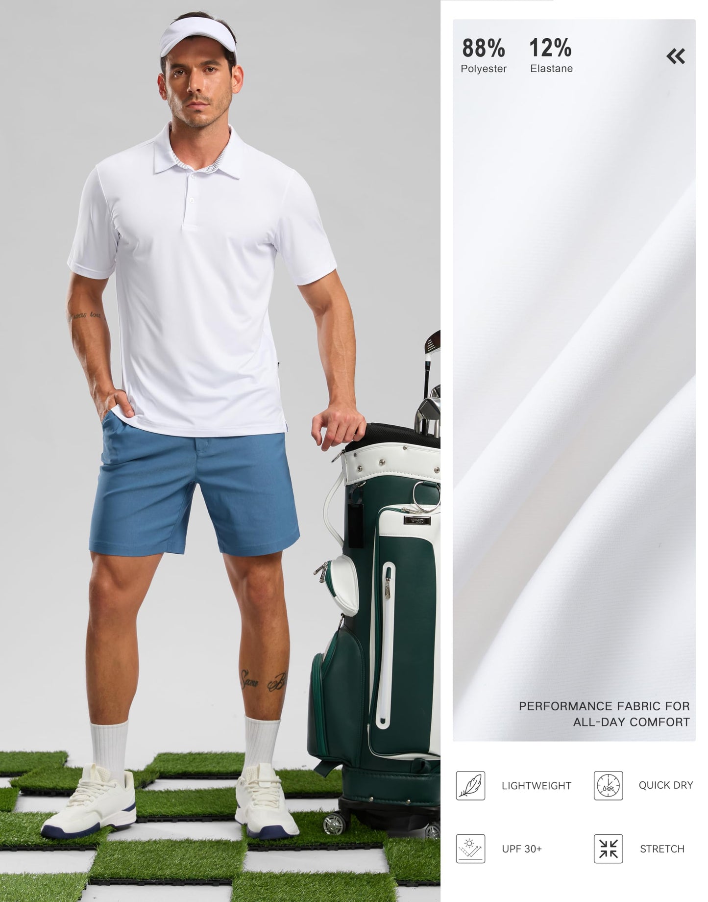 Golf Shirts Heather Polo Short Sleeve Dry Fit Lightweight Moisture Wicking Collared Shirts Casual Athletic Business (White, L)