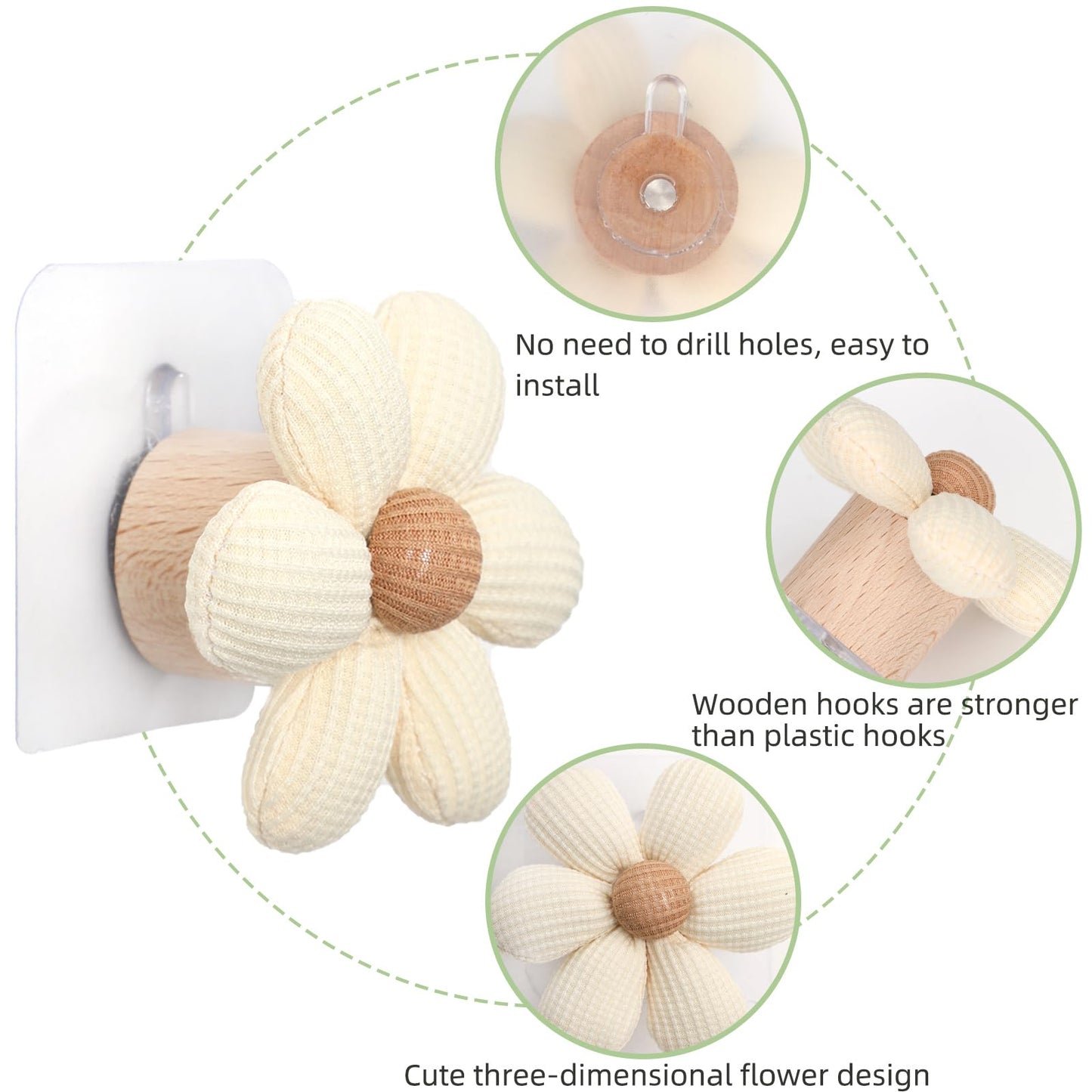 LIYAZHIL 2 Pack Adhesive Wall Hooks Flower Wooden Towel Coat Sticky Hooks for Bathroom Shower Kitchen (Beige)