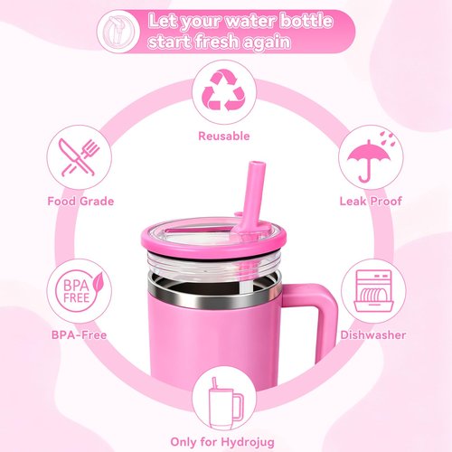 32oz Flip Straw Lid for HydroJug Traveler, Leak Proof Top Cap Replacement for HydroJug Tumbler, BPA-Free Dishwasher Safe Leak Resistant Cap with 4 Straws, Lids Accessories for Hydro Jug, Purplepink*2