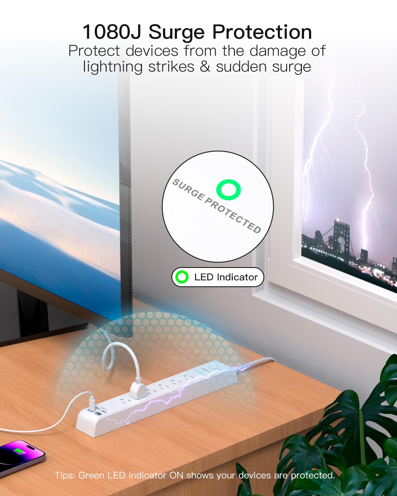 Surge Protector Power Strip - 6 Outlets 4 USB Charging Ports, 5Ft Braided Extension Cord, Flat Plug, Overload Protection, Wall Mount for Home Office, Dorm Room Essentials