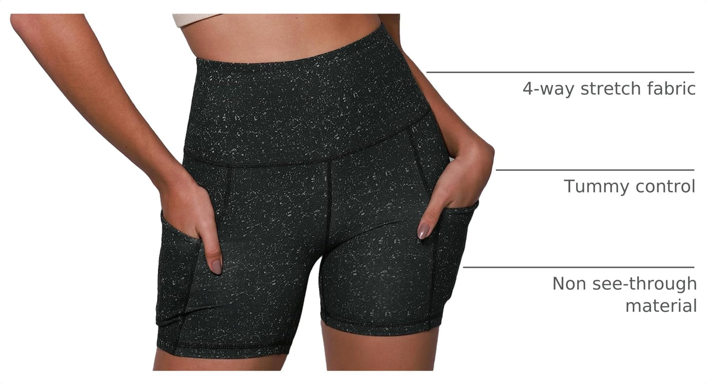 ODODOS 5" Tummy Control Biker Shorts for Women with Pockets High Waist Athletic Workout Yoga Shorts, Black Dot, Large