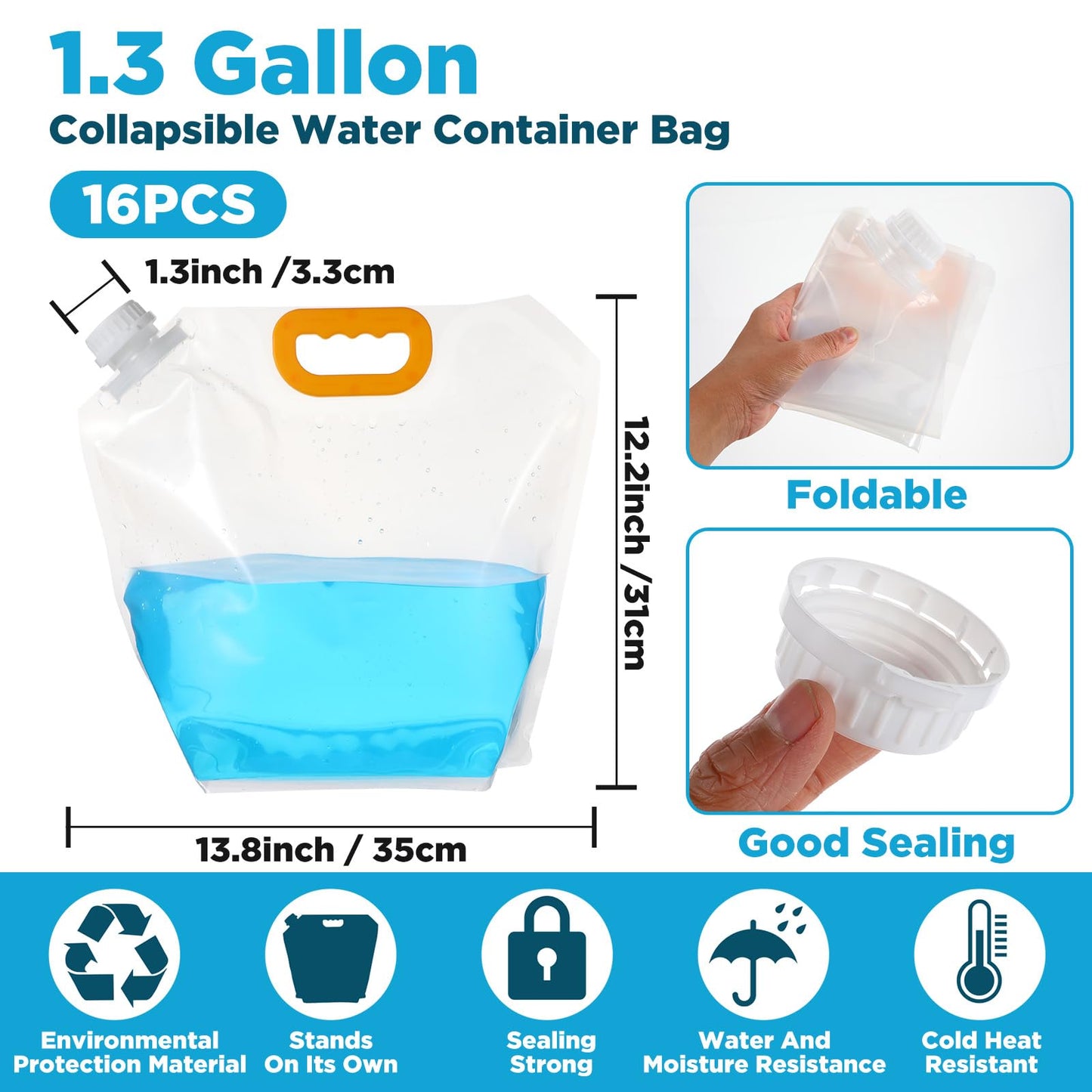 Pafeooui 16 Pcs Water Emergency Container Bag, 1.3 Gallon Storage Bags, Freezable, BPA Free Food Grade Clear Plastic Water Carrier Tank, Foldable Storage Bottle for Camping Riding
