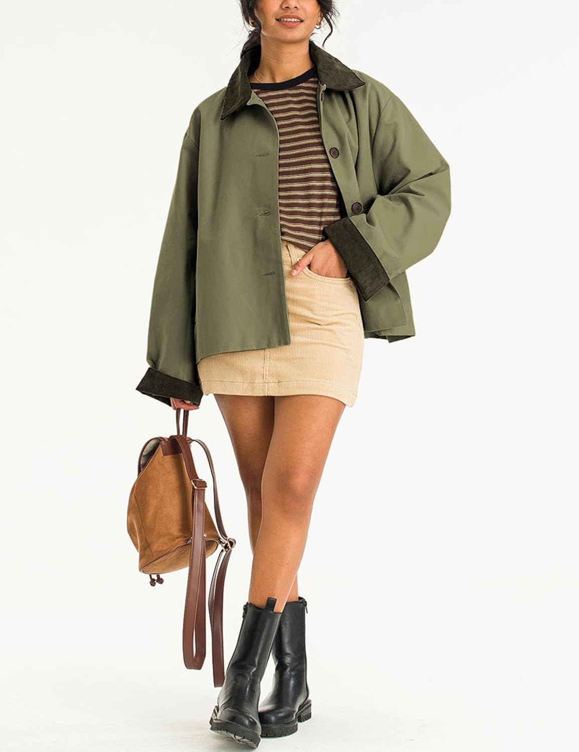 Viefent Women's Crop Trench Coat - Casual Button Down Jacket with Pockets | Army Green, Long Sleeves