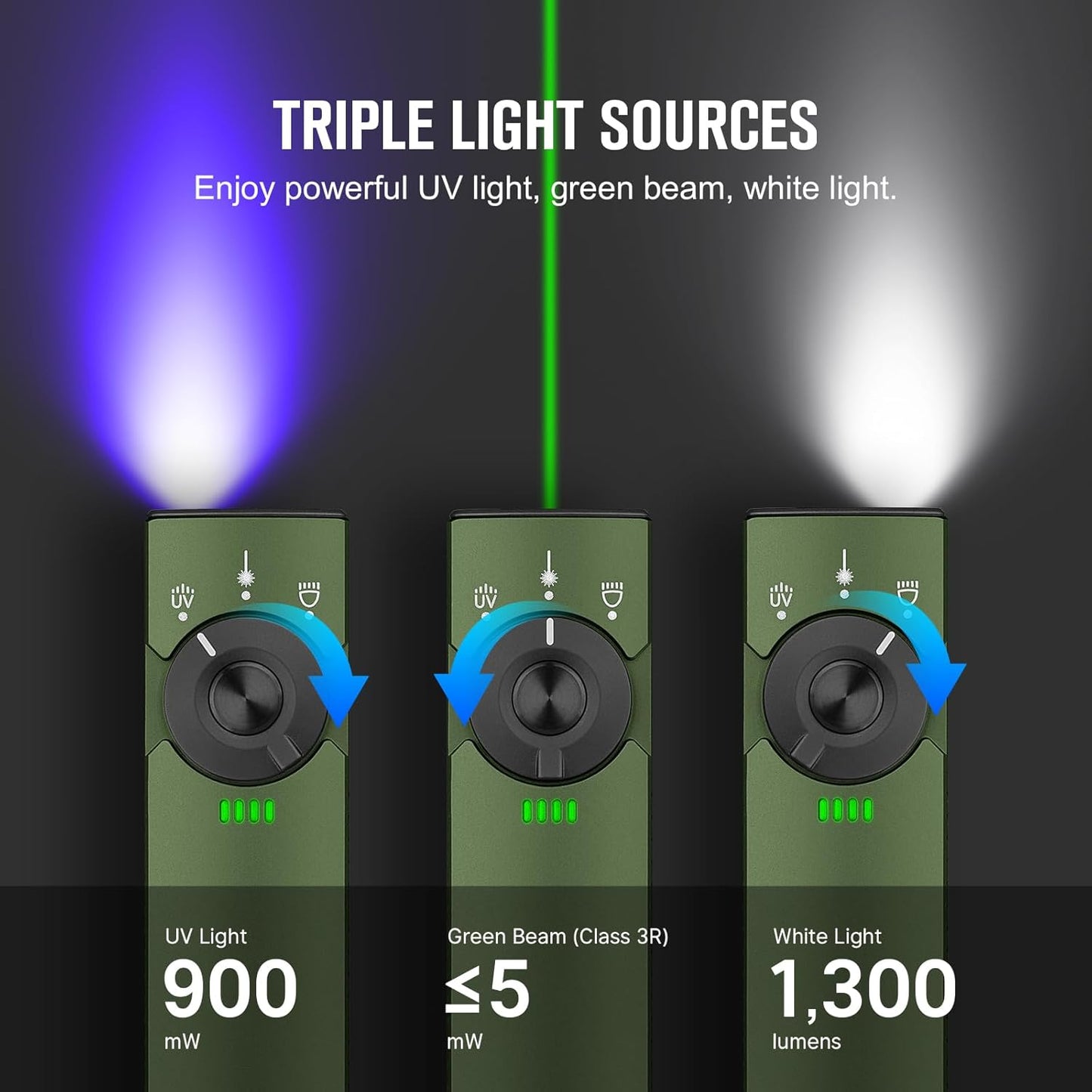 OLIGHT Arkfeld Pro Rechargeable EDC Flashlight - 1300 Lumens with Green Beam, UV & White LED | Portable Pocket Light (OD-Green CW)
