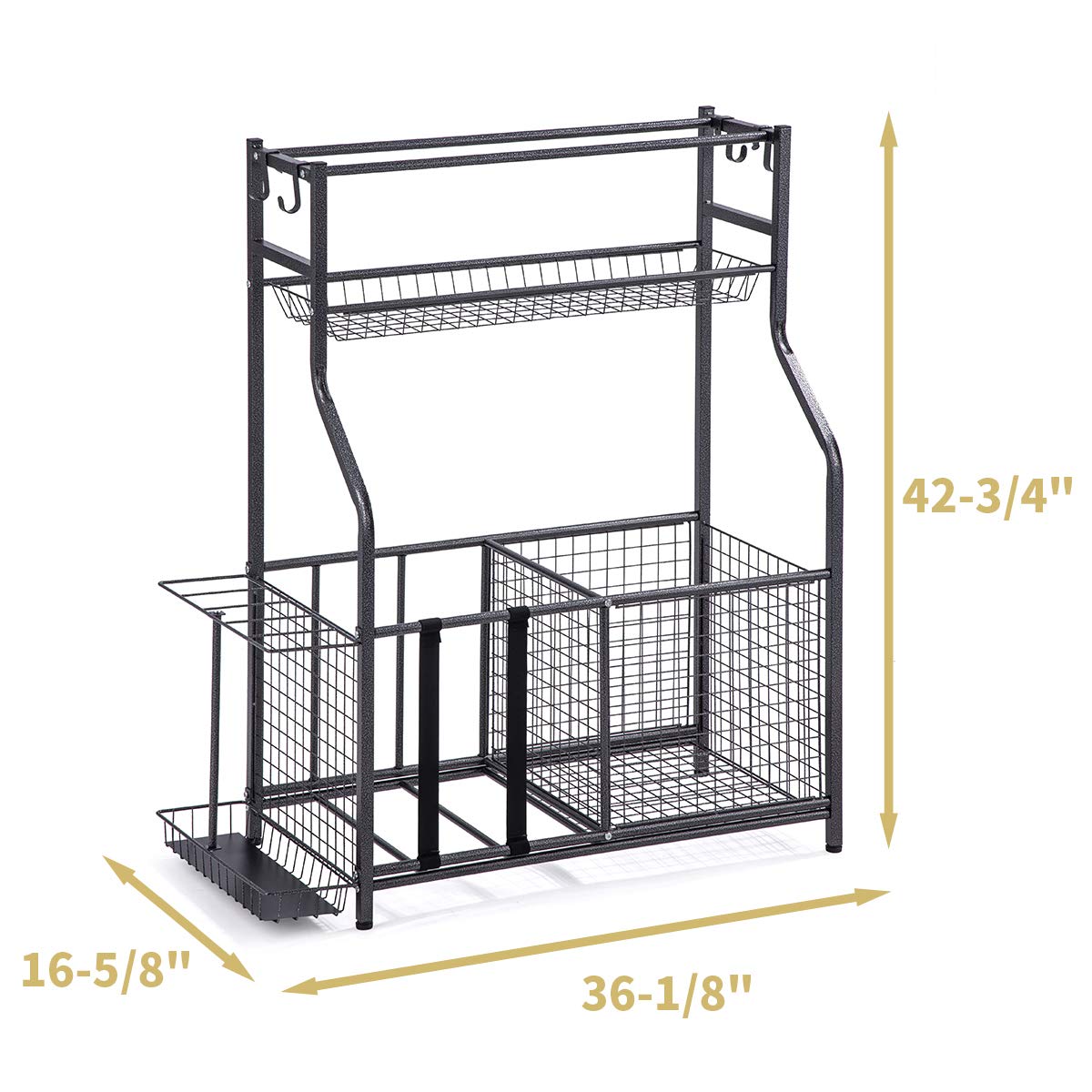 toutnd Garage Sports Equipment Storage Organizer with Baskets and Hooks - Easy to Assemble - Sports Ball Gear Rack Holds Basketballs, Baseball Bats, Footballs, Tennis Rackets and More (Black Rigid)