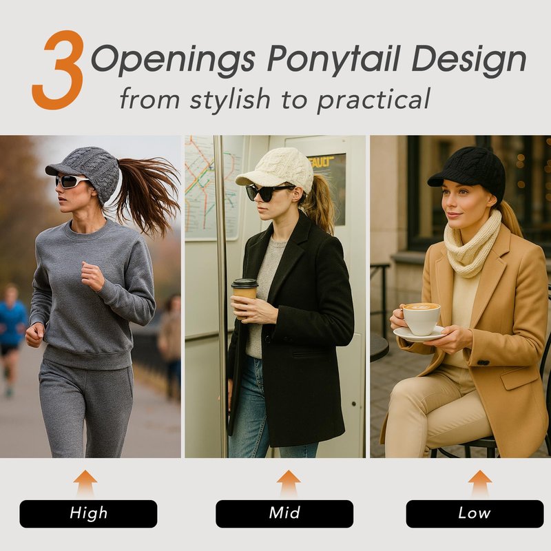 Womens Winter 3 Openings Ponytail Visor Brim Bill Beanie Hat Fleece Lined Merino Wool Warm Cable Knit Cap Bun Hole Cold Weather Black