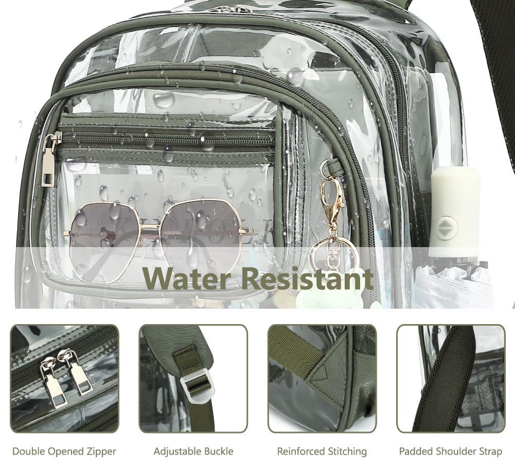 Lroiutian Clear Backpack for School Girls Boys Heavy Duty Transparent Backpack with Multiple Pockets, Lightweight PVC See Through Bookbag for Students-Army Green