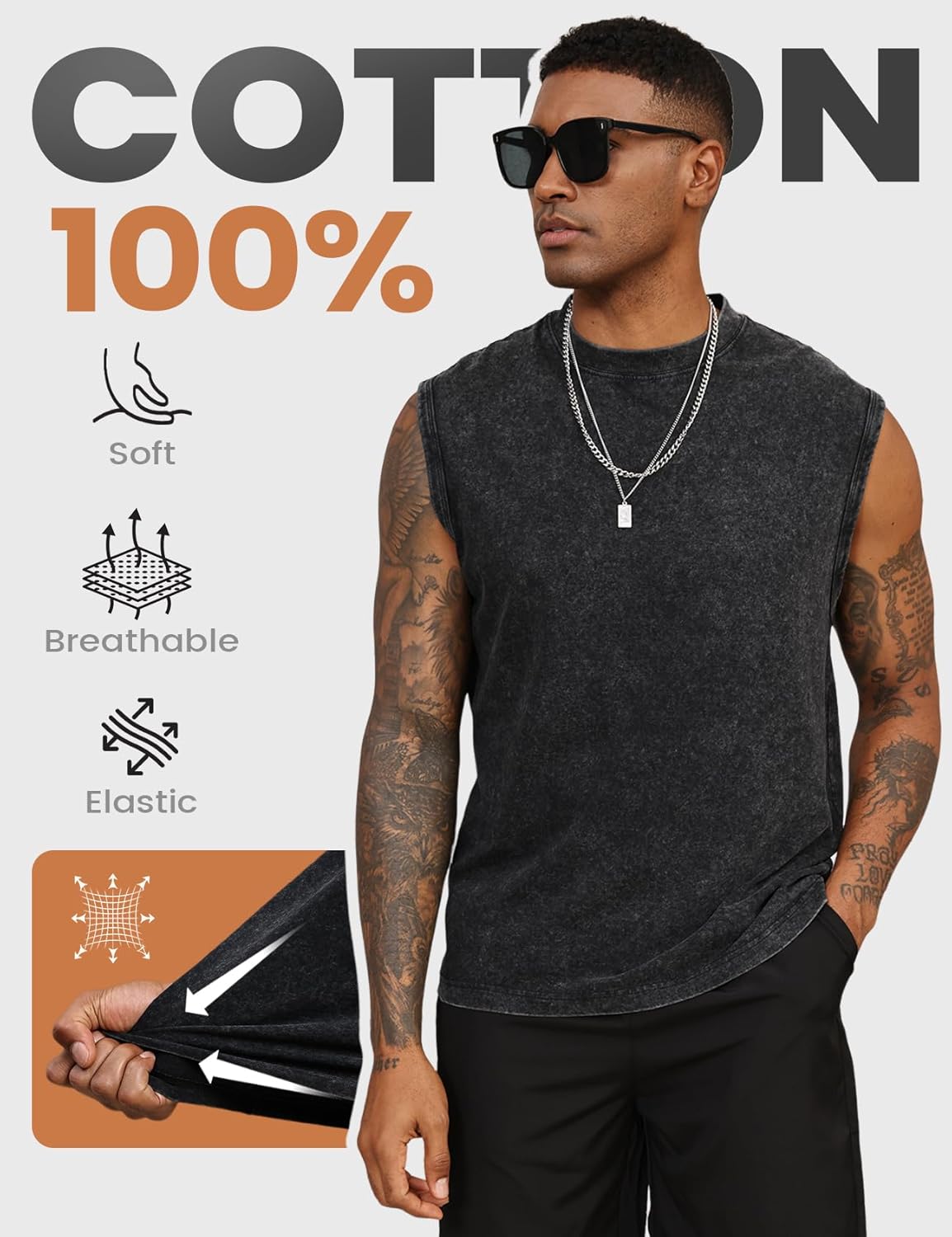 Yimoon Men's Tank Tops - Sleeveless Workout Shirts in Acid Wash Cotton | Loose Fit Gym Tees