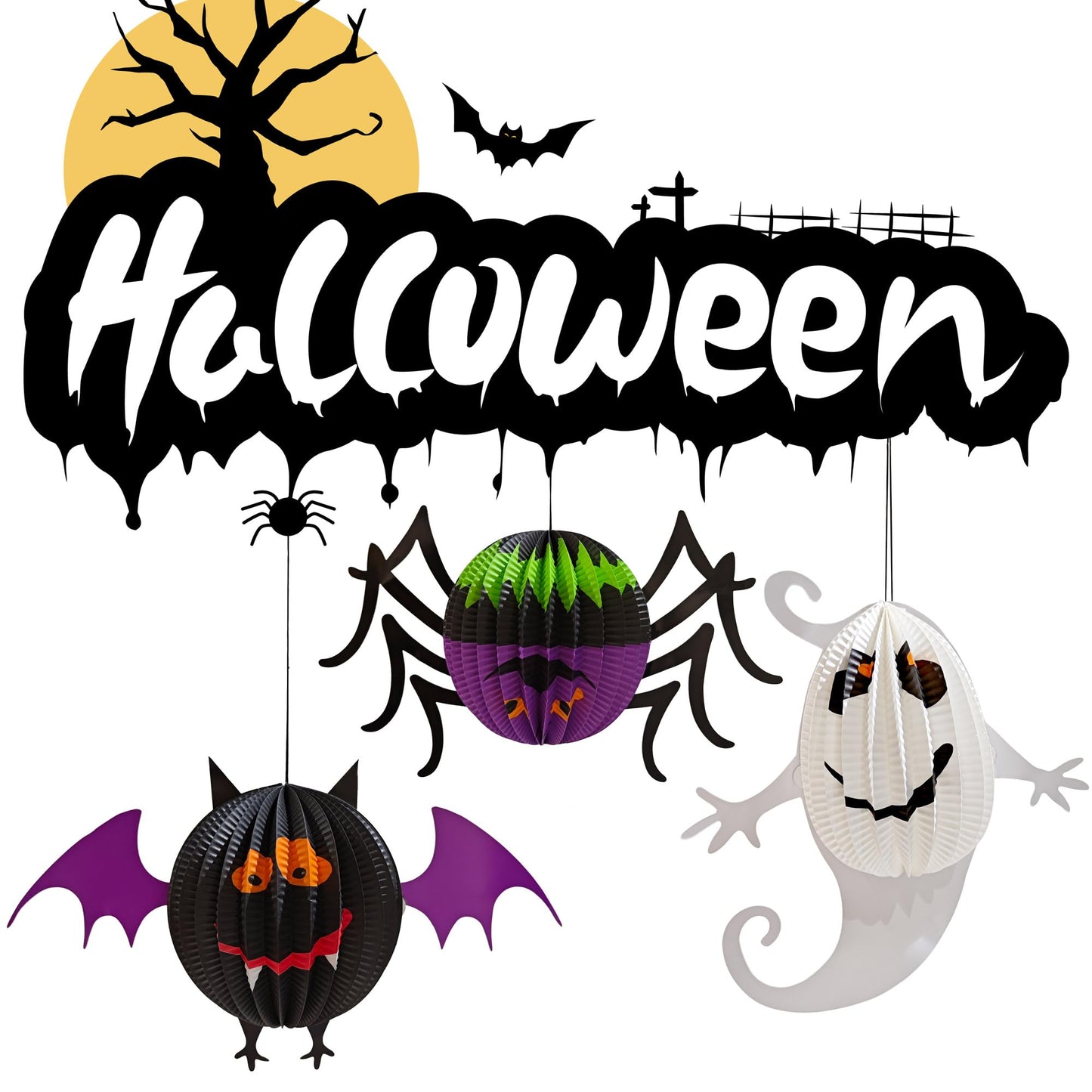 AIMI Halloween Party Decorations 6 Pack, Large 12-20Inch Hanging Paper Lanterns 3D Folding Pumpkins Spiders Ghosts Bats Halloween Party Supplies for Boys Girls Kids Home School Decor Indoor