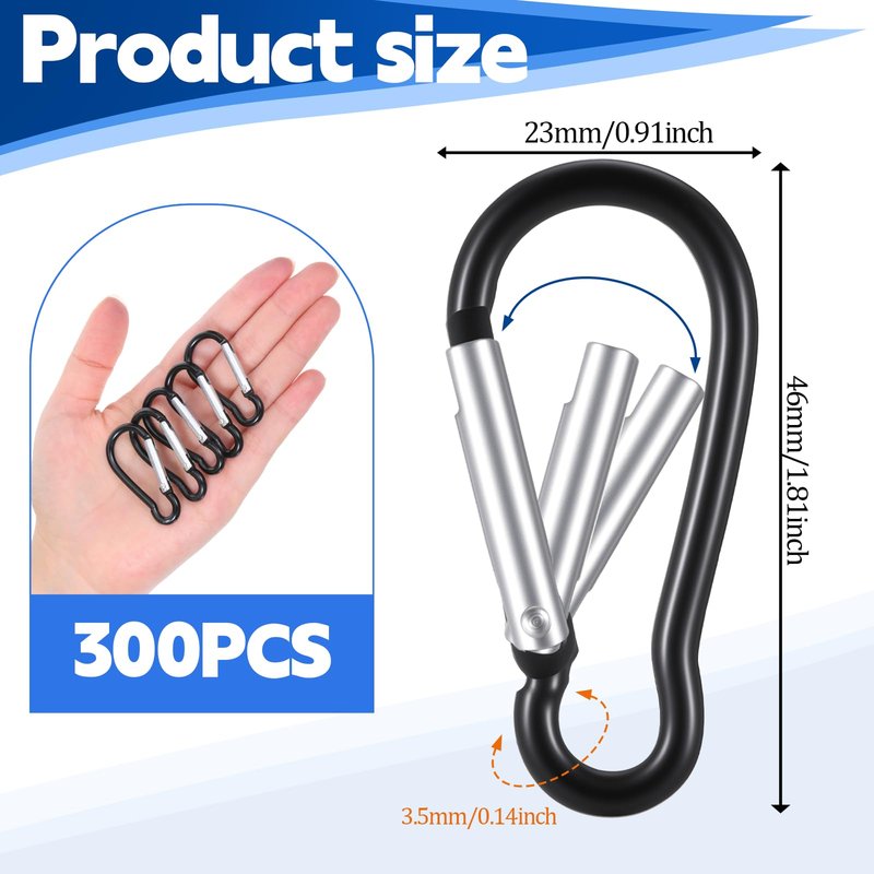 BOHUIZ 300 Pcs M5 Carabiner Clips, Heavy Duty Spring Snap Hook Bulk Aluminum Alloy Clip Quick Link Keychain for Hanging Camping Hiking Traveling Fishing Outdoor