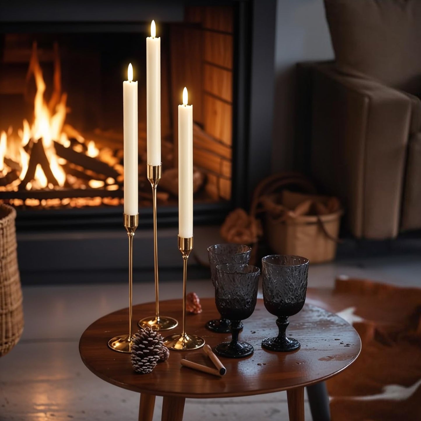 GenSwin Flameless Ivory Taper Candles Flickering with 10-Key Remote, Battery Operated Led Warm 3D Wick Light Window Candles Real Wax Pack of 3, Christmas Home Wedding Decor(0.78 X 9.64 Inch)