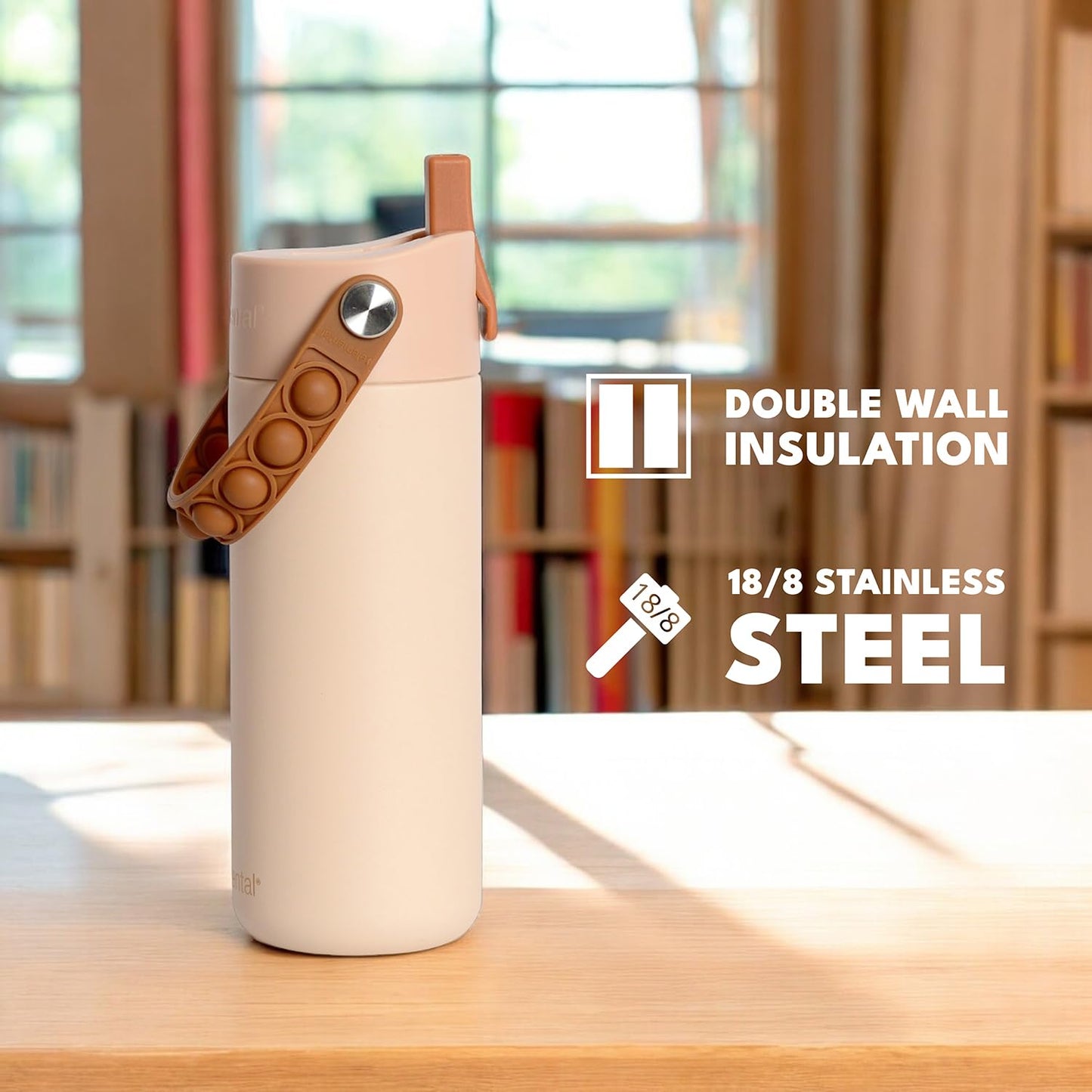 Elemental Insulated Kids Water Bottle, Stainless Steel Water Bottle with Straw Lid & Pop-It Handle, Leak-Proof Water Bottles for School, Boys or Girls, Travelling and Sports, 18oz - Beige