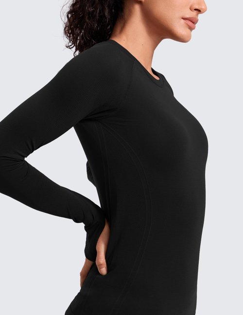 CRZ YOGA Seamless Long Sleeve Shirts for Women Hip Length - Workout Athletic Running Gym Yoga Tops Breathable Crewneck Tshirt Black Medium