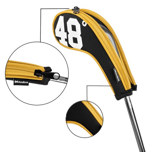 Andux 7Pack Golf Wedge Irons Club Head Covers Degree NO. on Both Sides Long Neck with Zipper Black/Yellow