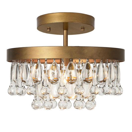SEOL-Light Antique Gold Crystal Round Tiered Flush Chandeliers Small Pendant Light Fixture for Kitchen,Closet,Entryway,1 Light,40W,E12,12 Dia*6" H;
