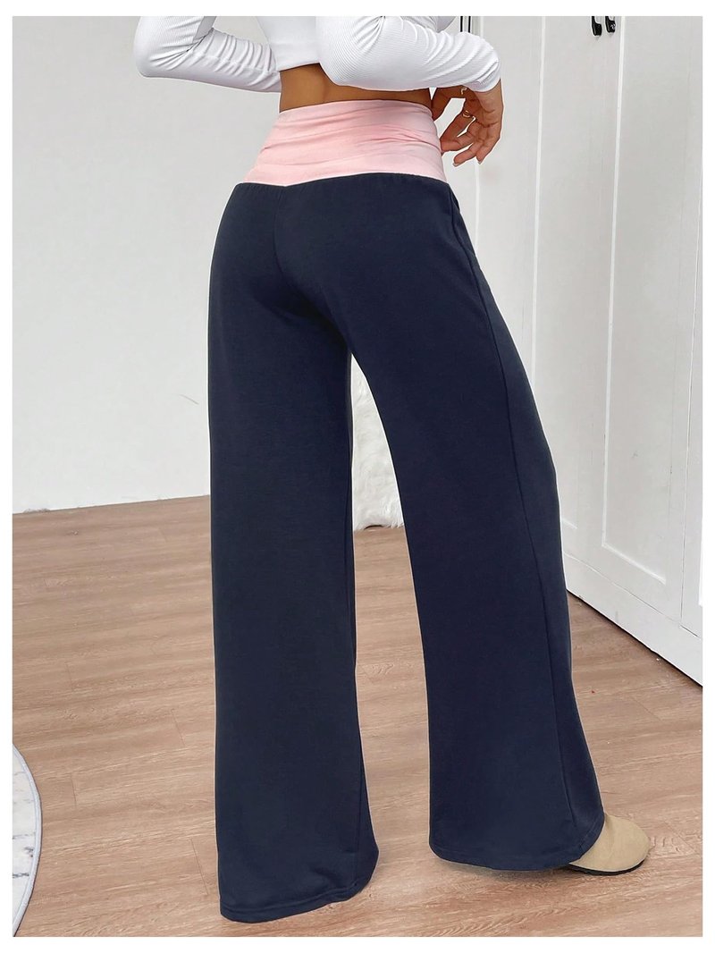 SOLY HUX Women's Sweatpants Color Block Low Rise Fold Over Waist Baggy Wide Leg Pants Dark Blue and Pink Small