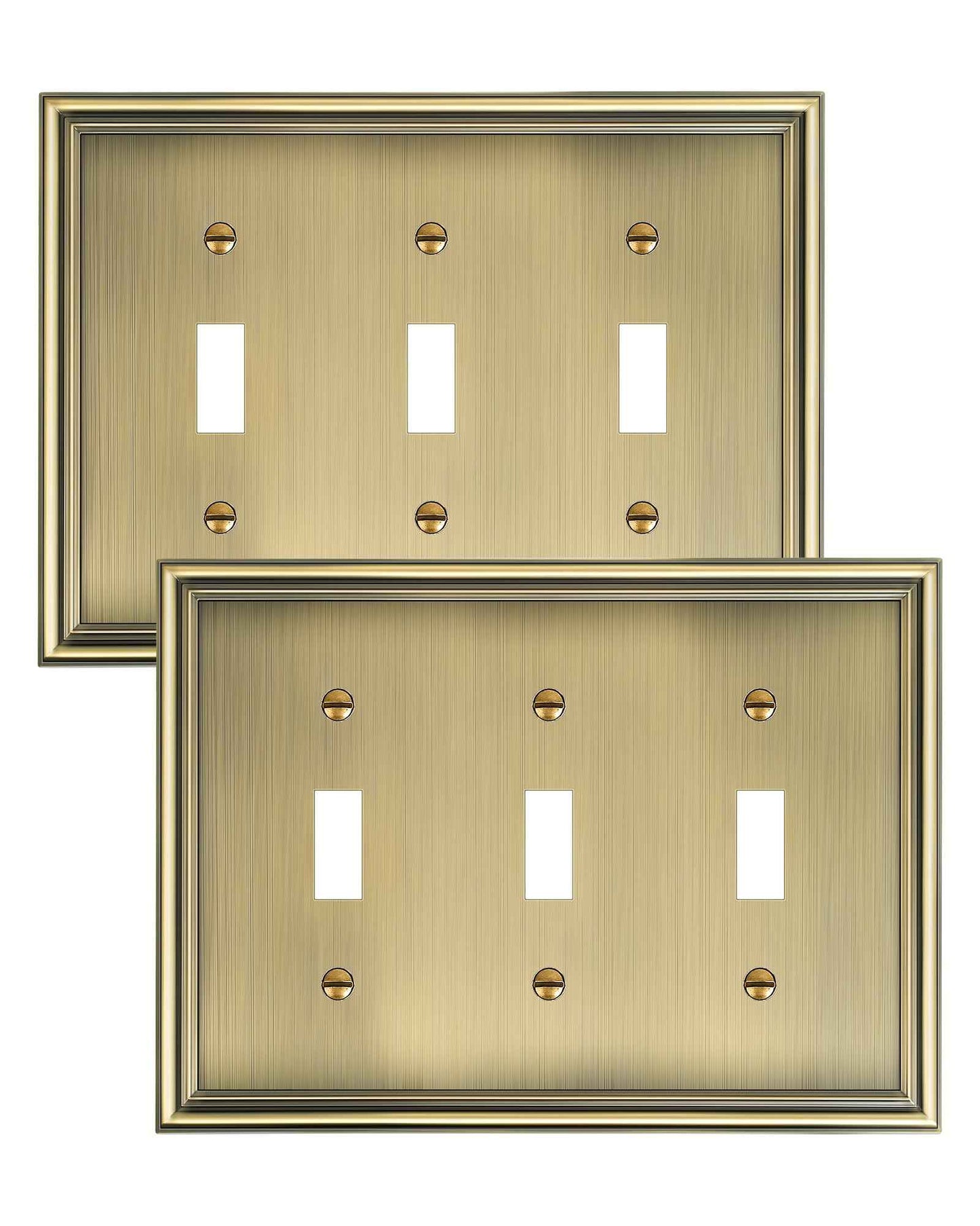 TREEWELL 2-Pack Triple Toggle Light Switch Cover Plate, Durable Solid Zinc Alloy Decorative Switch Plate Covers, Antique Brass 3 Gang Wall Plate, Corrosion Resistant