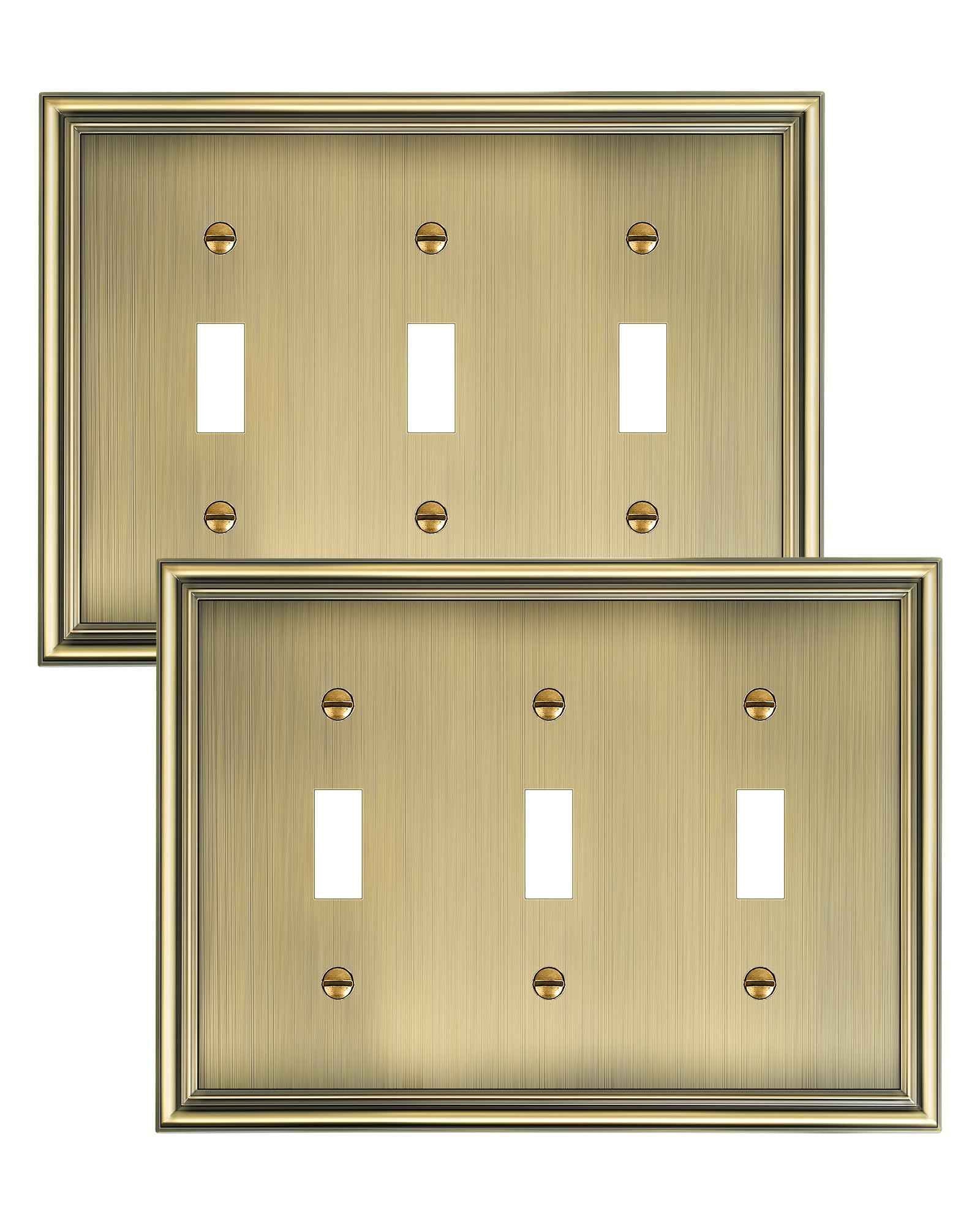 TREEWELL 2-Pack Triple Toggle Light Switch Cover Plate, Durable Solid Zinc Alloy Decorative Switch Plate Covers, Antique Brass 3 Gang Wall Plate, Corrosion Resistant