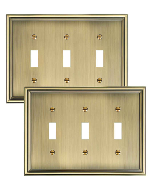 TREEWELL 2-Pack Triple Toggle Light Switch Cover Plate, Durable Solid Zinc Alloy Decorative Switch Plate Covers, Antique Brass 3 Gang Wall Plate, Corrosion Resistant