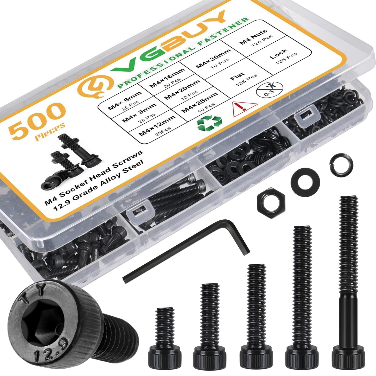 VGBUY 500Pcs M4 Screw Kit, Black M4 Screws (7 Sizes 6-30mm), Assorted Metric Nuts and Bolts Assortment Kit, Hex Socket Head Cap 6/8/12/16/20/25/30mm with Washer Nuts, 12.9 Grade