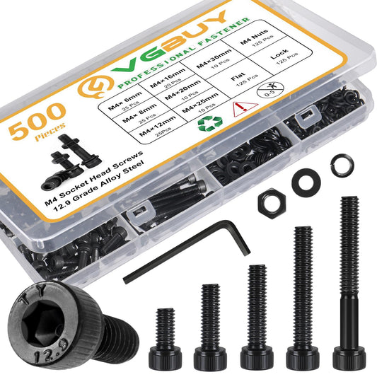 VGBUY 500Pcs M4 Screw Kit, Black M4 Screws (7 Sizes 6-30mm), Assorted Metric Nuts and Bolts Assortment Kit, Hex Socket Head Cap 6/8/12/16/20/25/30mm with Washer Nuts, 12.9 Grade