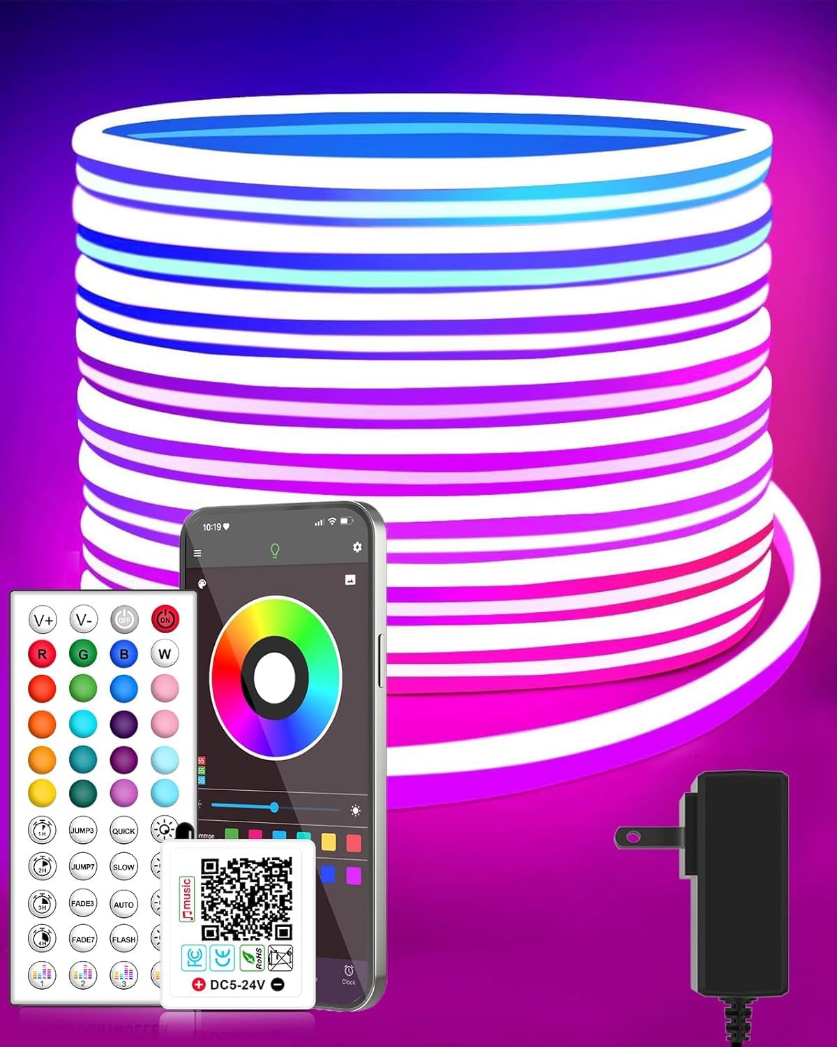 Vrribonx 19.6FT Led Neon Rope Lights Control with App/Remote,Flexible Led Rope Lights,Multiple Modes,IP65 Outdoor RGB Lights Waterproof,Music Sync Gaming Led Neon Strip Lights for Bedroom