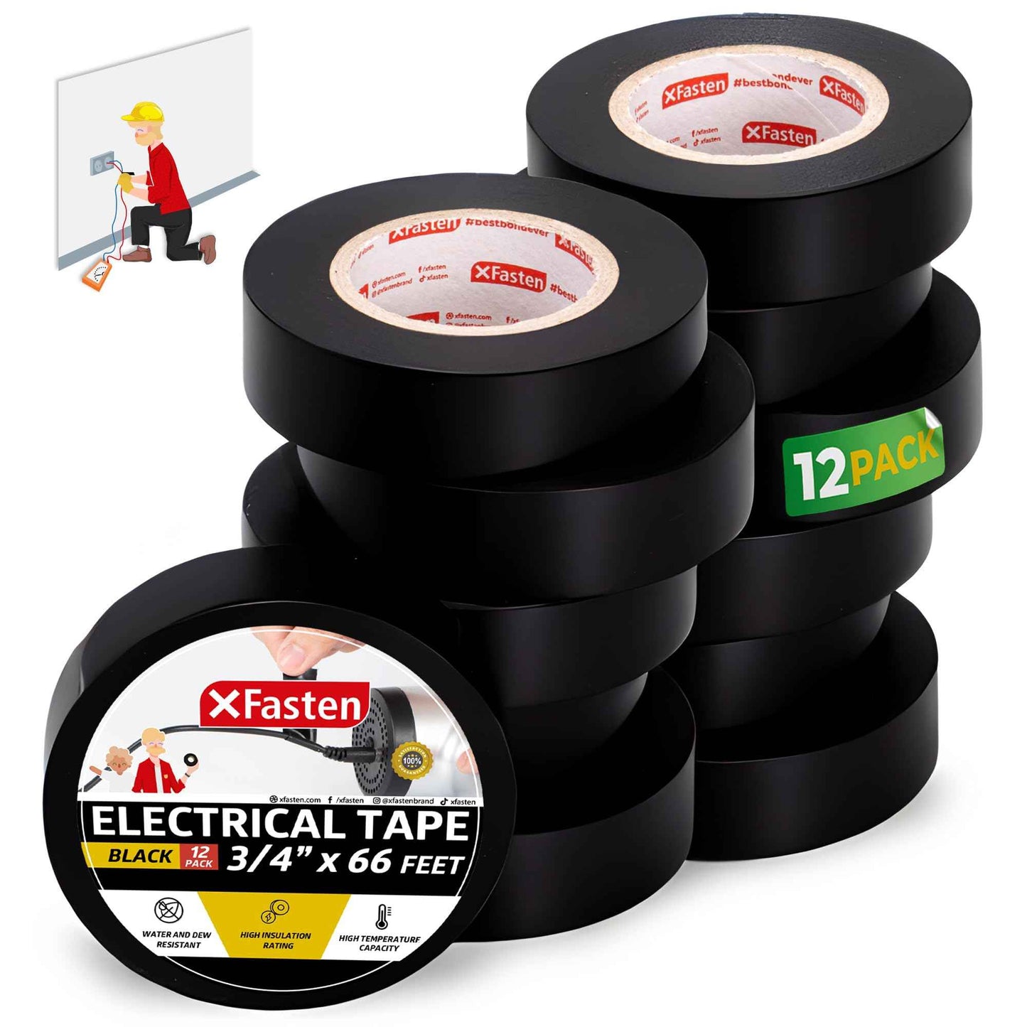 XFasten Electrical Tape Black 3/4 Inch x 66 Feet 12-Pack (792 Feet Total) UL/CSA Listed High Temp Residue-free Vinyl Automotive Electric Tape Waterproof (Black, 3/4 Inch x 66ft (12-Pack 792 ft Total))