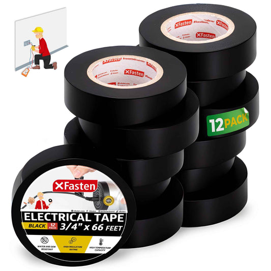 XFasten Electrical Tape Black 3/4 Inch x 66 Feet 12-Pack (792 Feet Total) UL/CSA Listed High Temp Residue-free Vinyl Automotive Electric Tape Waterproof (Black, 3/4 Inch x 66ft (12-Pack 792 ft Total))