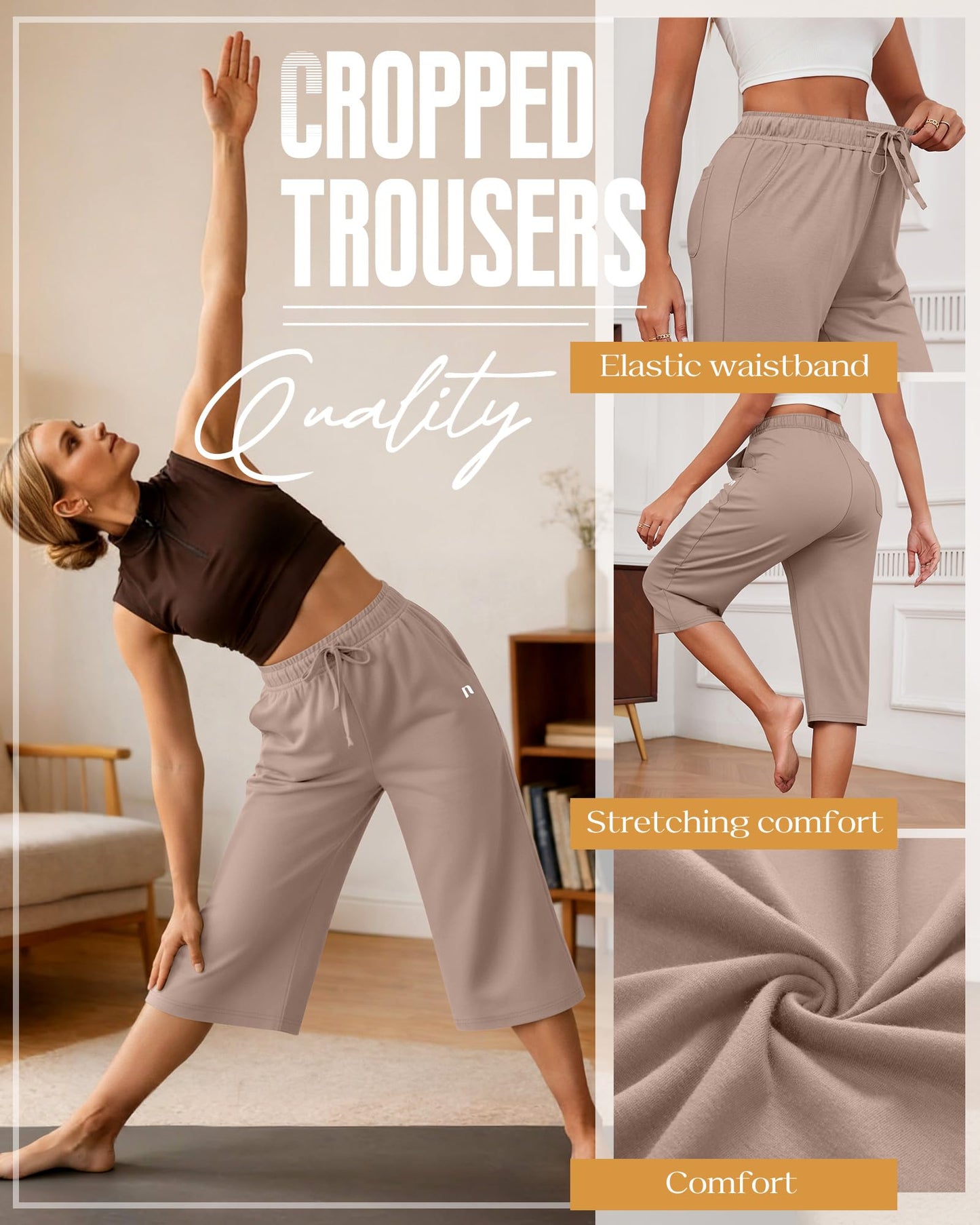 Neer 3 Pack Women's Capri Pants, Wide Leg Basic Sweatpants Lounge Loose Fit Casual Drawstring Yoga Capris with Pockets(Black, Mocha, Dark Gray,X-Large)
