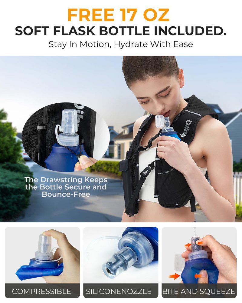 Running Vest for Women Men with Water Bottle, Lightweight Hydration Vest with Touch Screen Phone Pocket, 500ml Soft Flask, Adjustable Chest Straps, Reflective for Marathon Jogging