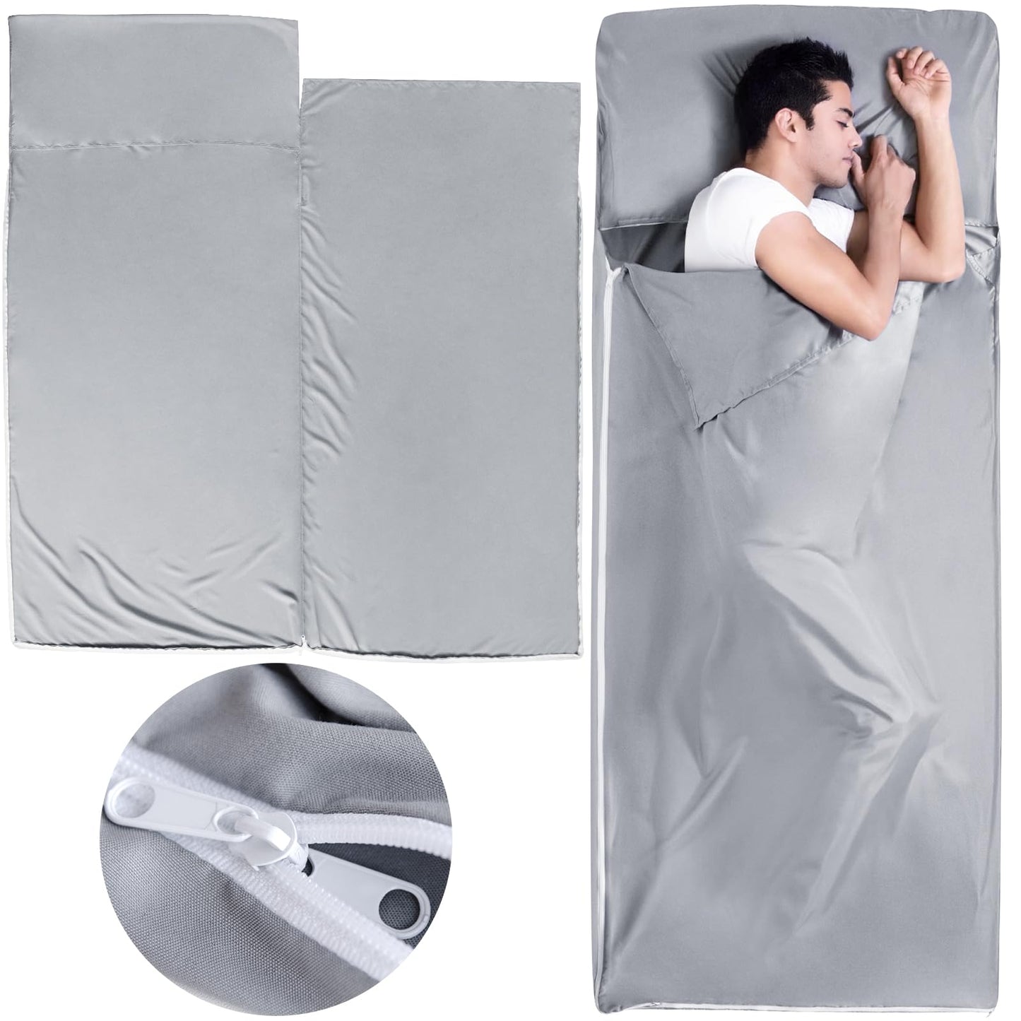 Sleeping Bag Liners with 2 Way Zipper, Adult Sleep Sack Travel Sheets for Hotel/Hostels/Business Trips, Lightweight Single Camping Sheet Sleep Bag Liner Warm & Cold Weather, Gray