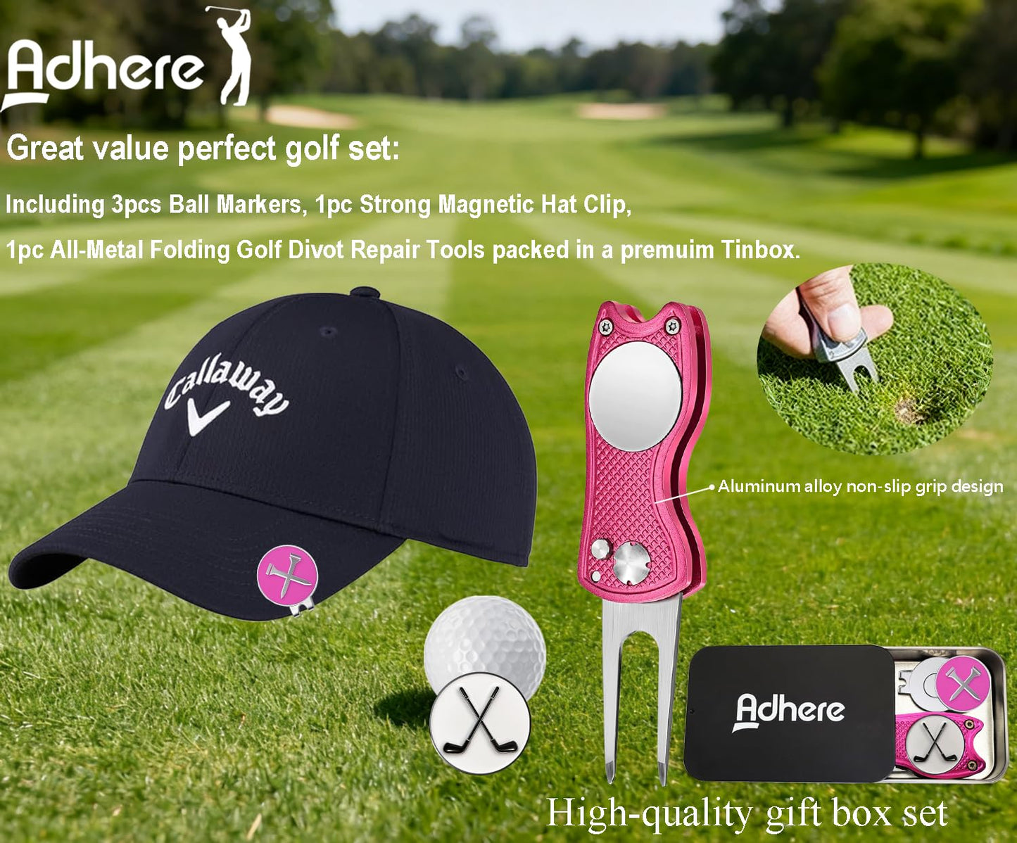 Adhere Golf Ball Markers & Divot Tools Personlized Enamel Ball Markers with a Magentic hat Clip,Unique Premium Golf Accessories Gift for Golfer. (E-Golf tees+Golf Club +Pink Divot Tools)