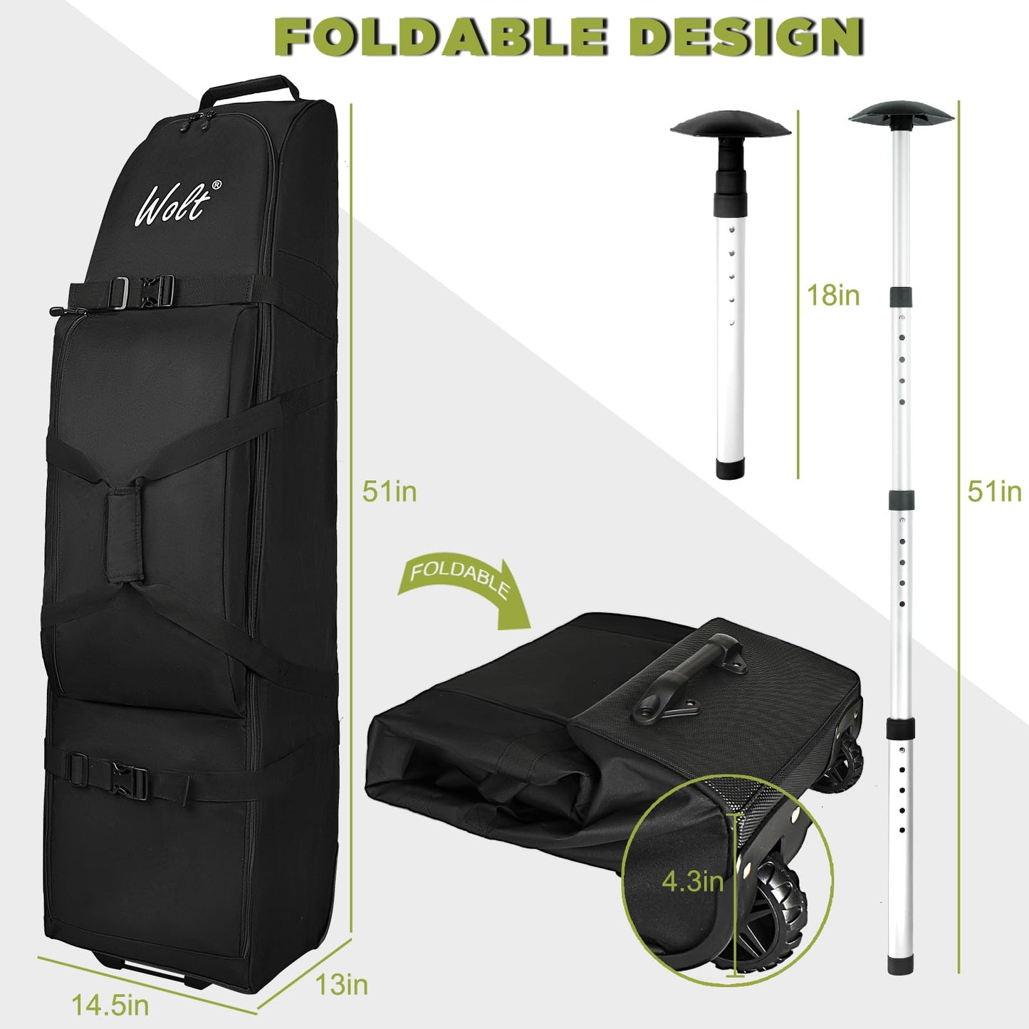 Wolt | Golf Travel Bag with Anti-Impact Support System - Soft Padded Golf Travel Case for Airlines, 900D Heavy Duty Oxford Fabric Golf Travel Cover with Wheels (Black)