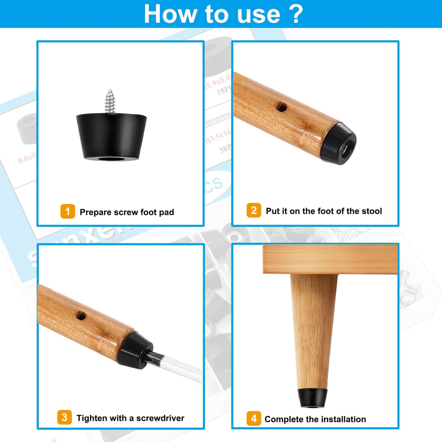 Sunxeke 124Pcs Rubber Feet for Cutting Board with Stainless Washer Screws Assortment Kit,3 Sizes (0.6inch, 0.8inch, 1inch),Non Slip Rubber Bumper Feet for Furniture, Cabinets, Electronics