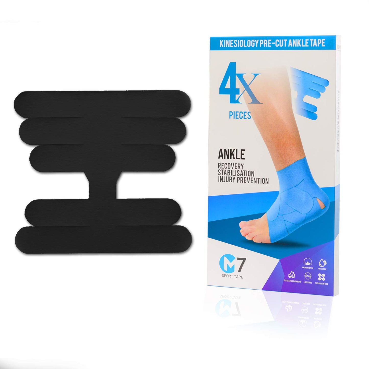M7 Sport Kinesiology Tape for Ankle Sprain and Stability, Kt Tape for Ankle, Pain Relief Therapeutic Tape, Plantar Fasciitis, Waterproof, Eases Swelling (Black, 4-Pack)